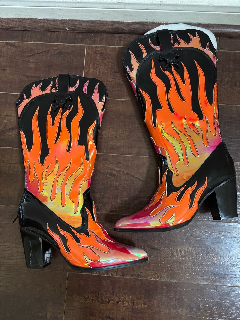 YRU Iridescent Orange & Pink Flame Patent Ankle Boots